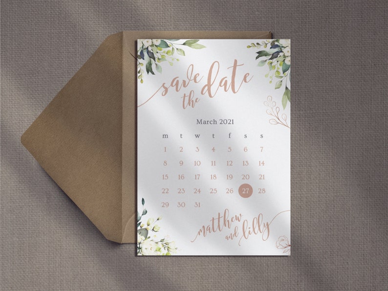 Elegant Calligraphy Watercolour Roses Printed Card Wedding Save the Date Floral Save the Date Eucalyptus Calendar