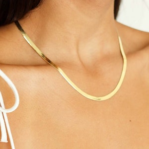 14K Gold Herringbone Chain Necklace, Gold Snake Chain Necklace, Layering Necklace