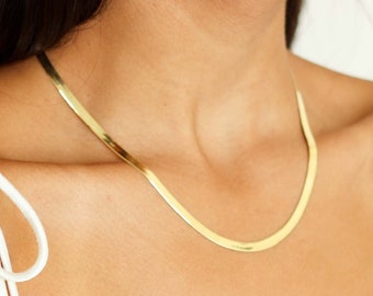 14K Gold Herringbone Chain Necklace, Gold Snake Chain Necklace, Layering Necklace