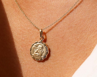 14K Solid Gold Guardian Angel Medallion Necklace, Protection Jewelry