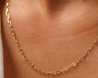 Solid 14K Gold Paper Clip Chain Necklace, Rectangle Long Link Necklace