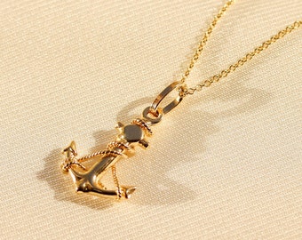 14K Gold Anchor Pendant Necklace, Nautical Jewelry