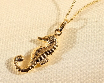 14K Gold Seahorse Necklace, Nautical Ocean Jewelry