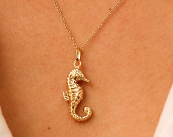 14K Gold Seahorse Necklace, Nautical Ocean Jewelry