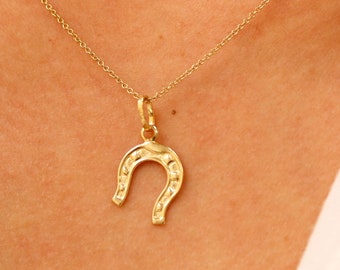 14K Gold Horseshoe Necklace, Horse Pendant Necklace, Good Luck Charm