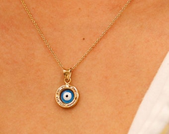 14k Solid Gold Evil Eye Necklace, Cubic Zirconia Pendant