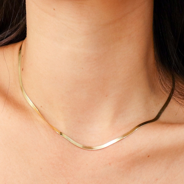 14K Gold Herringbone Chain Necklace, Gold Snake Chain Necklace, Layering Necklace