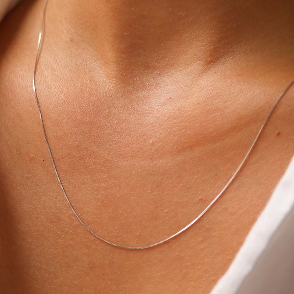 14K Solid White Gold Box Chain Necklace, Dainty Silver Chain Necklace