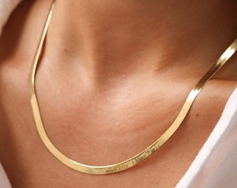 14K Solid Gold Herringbone Choker Necklace, Dainty Choker Chain, Minimalist Choker