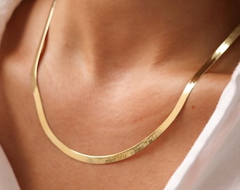 14K Gold Herringbone Chain Necklace, Gold Snake Chain Necklace, Layering Necklace