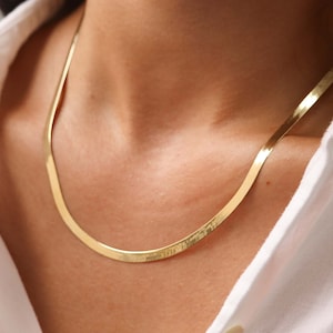 14K Gold Herringbone Chain Necklace, Gold Snake Chain Necklace, Layering Necklace image 1