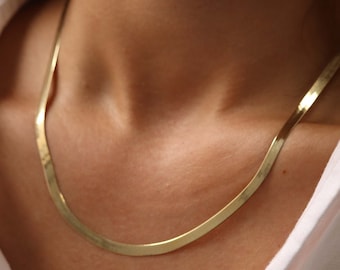 14K Gold Herringbone Chain Necklace, Gold Snake Chain Necklace, Layering Necklace