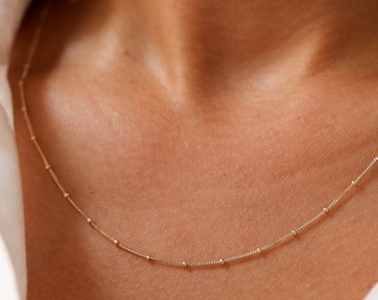 14K Solid Gold Satellite Chain Necklace, Beaded Ball Chain Necklace, Dainty Layered Necklace