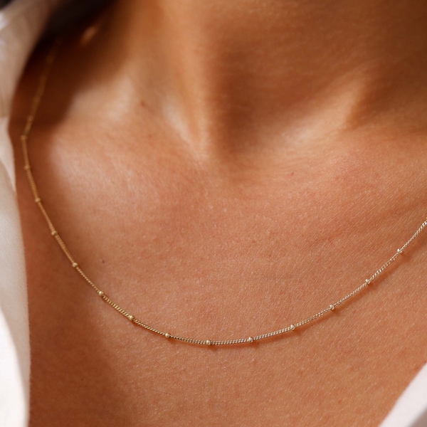 14K Solid Gold Satellite Chain Necklace, Beaded Ball Chain Necklace, Dainty Layered Necklace