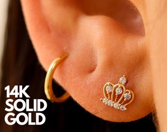 14K Solid Gold Crown Stud Earrings, Dainty Gold Studs