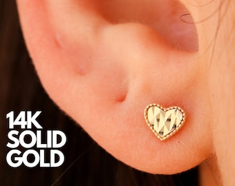 14K Solid Gold Heart Stud Earrings, Dainty Design