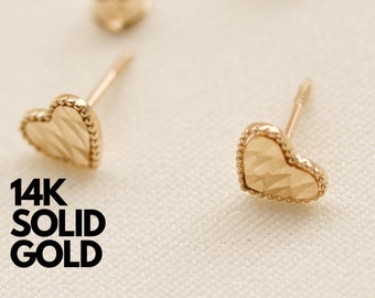 14K Solid Gold Heart Stud Earrings, Dainty Design
