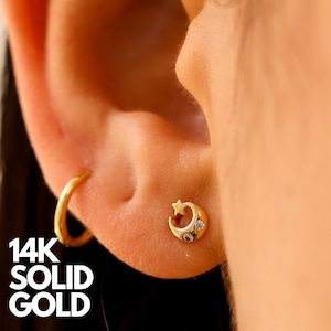 Gold Earrings Stud, 14K Gold Earrings Studs, Solid Gold Earrings Stud, Solid Gold Stud Earrings, Earrings 14K Gold Moon Star Earrings