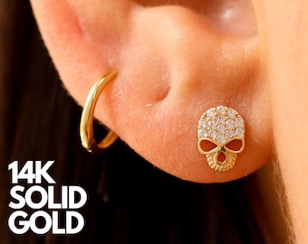 14K Solid Gold Skull Stud Earrings, Gothic Jewelry