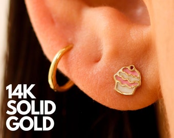 Kids Earrings, Cupcake Earrings, Girls Earrings For Kids 14K, Kids Stud Earrings, Earrings For Kids, Gold Earrings Set, 14K Gold Earrings