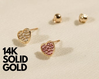14K Solid Gold Heart Stud Earrings, Dainty Minimalist Design
