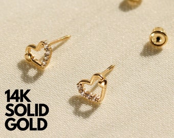 Heart Earrings, Heart Shaped Earrings, Heart Earring, 14K Gold Heart Earrings, Heart Stud Earrings, Double Heart Earring, Heart Studs