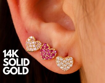 14K Solid Gold Heart Stud Earrings, Dainty Gold Studs