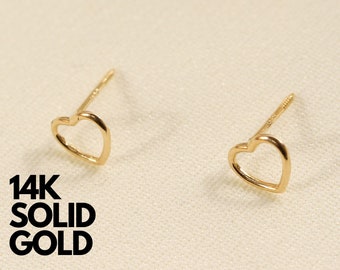 14K Solid Gold Heart Stud Earrings, Dainty Gold Studs