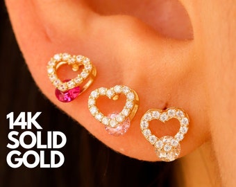 14K Solid Gold Heart Stud Earrings, Dainty Gold Studs