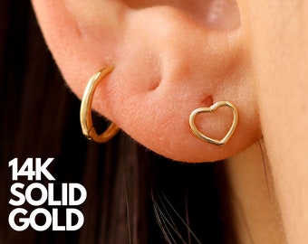 Dainty 14K Gold Heart Stud Earrings, Solid Gold