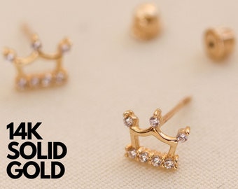 14K Gold Crown Earrings Studs, Gold Earrings, Stud Earrings Gold, 14K Gold Earrings Studs, Earring Set