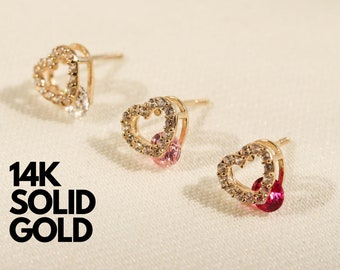 14K Solid Gold Heart Stud Earrings, Dainty Gold Studs