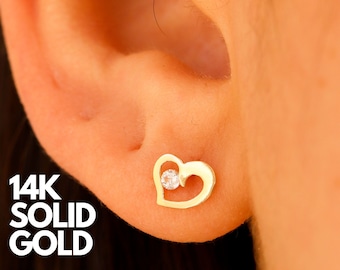 14K Solid Gold Heart Stud Earrings, Dainty Jewelry