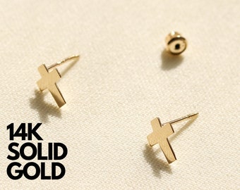 14K Solid Gold Cross Stud Earrings, Dainty Gold Studs