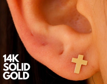 14K Solid Gold Cross Stud Earrings, Dainty Gold Studs