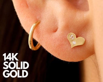 14K Gold Heart Stud Earrings, Dainty Gold Studs