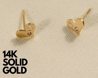 14K Solid Gold Heart Stud Earrings