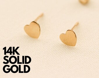 14K Gold Heart Stud Earrings, Dainty Solid Gold