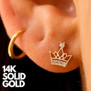 14K Gold Crown Earrings Studs, Gold Earrings, Stud Earrings Gold, 14K Gold Earrings Studs, Earring Set