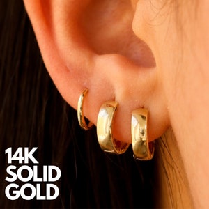 14K Solid Gold Huggie Hoop Earrings, Hinged Snap Closure