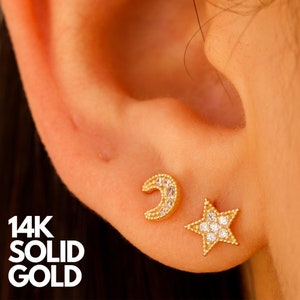 Star Earrings, Moon Earrings, Celestial Earrings, Moon And Star Earrings, Star And Moon Earrings, Gold Star Earrings, 14K Gold Earrings