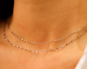 14K Solid White Gold Necklace, Silver Chain Necklace, Dainty Delicate Layered Necklace