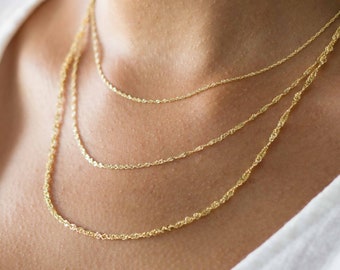 Solid 14K Gold Singapore Chain Necklace, Delicate Dainty Layered Necklace