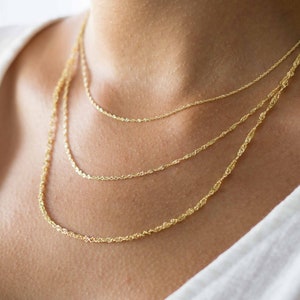 Solid 14K Gold Singapore Chain Necklace, Delicate Dainty Layered Necklace image 1