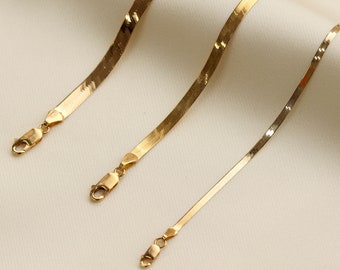 14K Gold Herringbone Chain Necklace, Gold Snake Chain Necklace, Layering Necklace