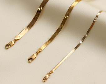 14K Gold Herringbone Chain Necklace, Gold Snake Chain Necklace, Layering Necklace