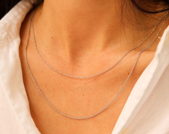 14K Solid White Gold Rolo Chain Necklace, Dainty Silver Necklace