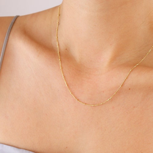 14K Solid Gold Satellite Chain Necklace Beaded Ball Chain Etsy