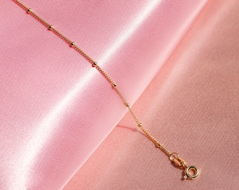 14K Solid Gold Satellite Chain Necklace, Beaded Ball Chain Necklace, Dainty Layered Necklace