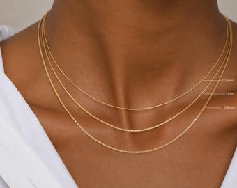 Box Chain Necklace, 14K Solid Yellow Gold, 14–24 Inch Lengths, Seven Widths
